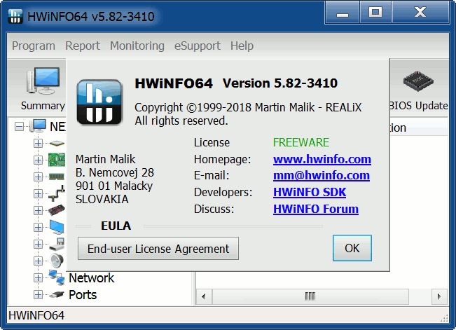 HWiNFO64 Версия и данные разработчика